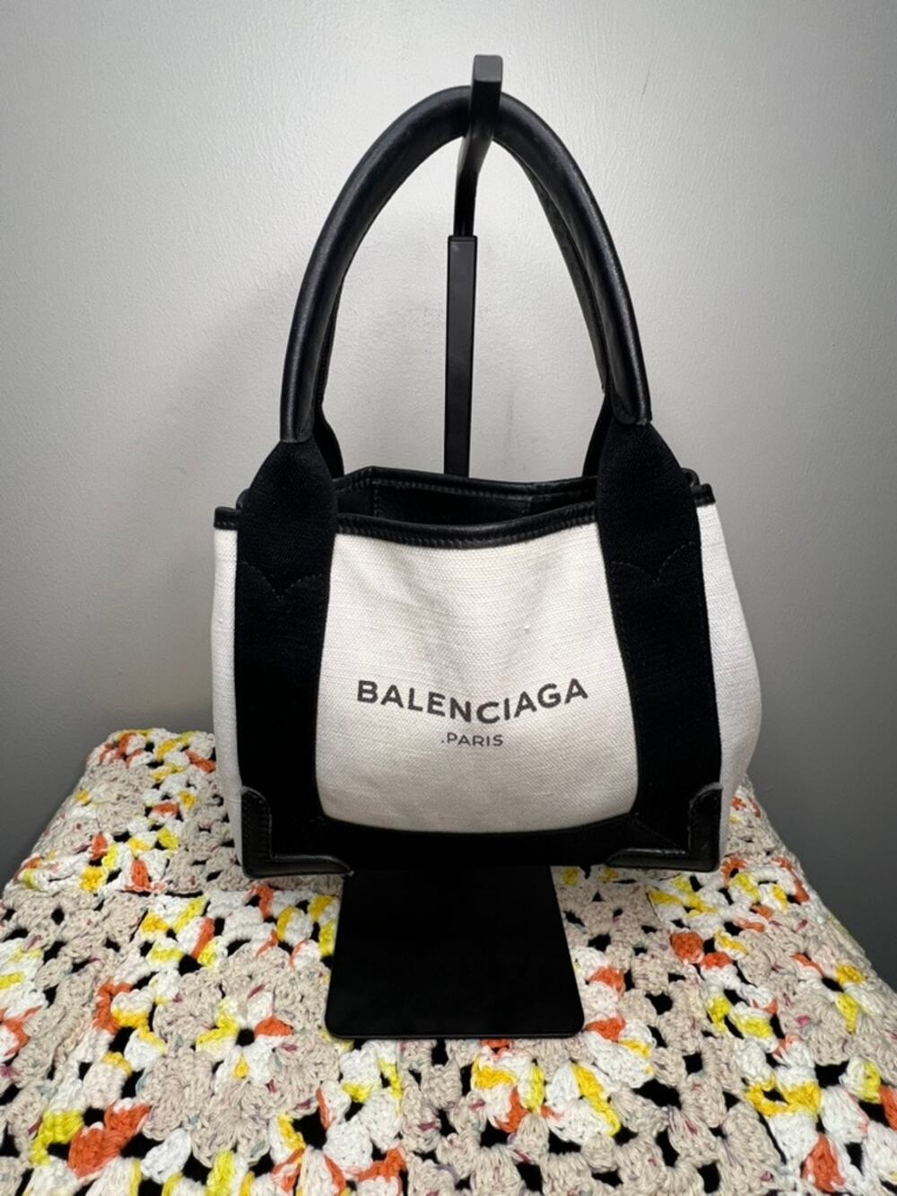Balenciaga Navy Cabas XS Canvas Tote Black Leather Bag w Pouch Authentic